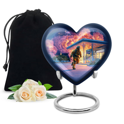 Royal Blue Firefighter Cremation Urn detail view - compassionate heart-firefighter combination with gentle curves - full-size 10 inch 200 cubic inch adult cremation urn