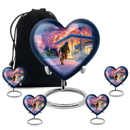 Celestial Blue Firefighter Cremation Urn close-up of engraving and surface detail - heart-shaped firefighter design symbolizing eternal love - memorial set with one large and four small urns