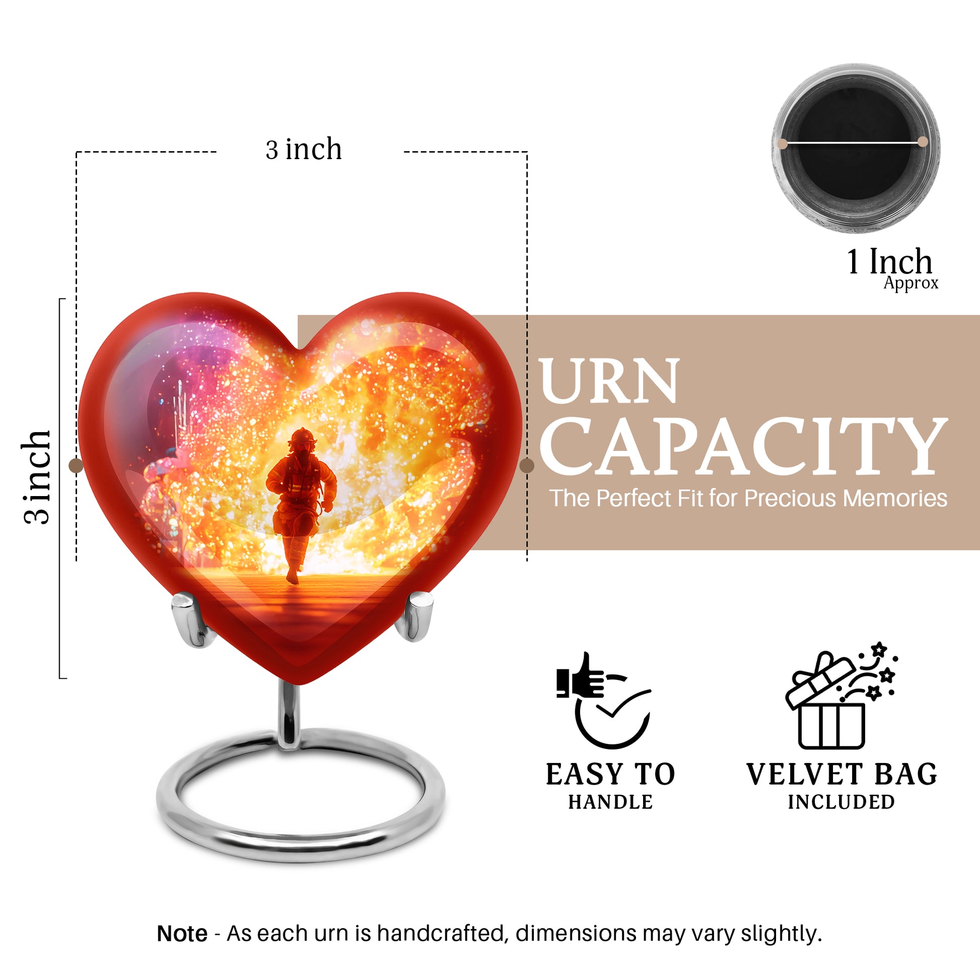 Soft Pink Firefighter Cremation Urn front view showing detailed design - compassionate heart-firefighter combination with gentle curves - mini keepsake memorial for portion of cremation ashes