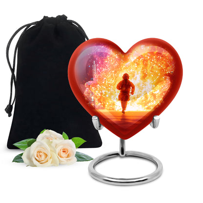 Petal Pink Firefighter Cremation Urn detail view - compassionate heart-firefighter combination with gentle curves - full-size 10 inch 200 cubic inch adult cremation urn