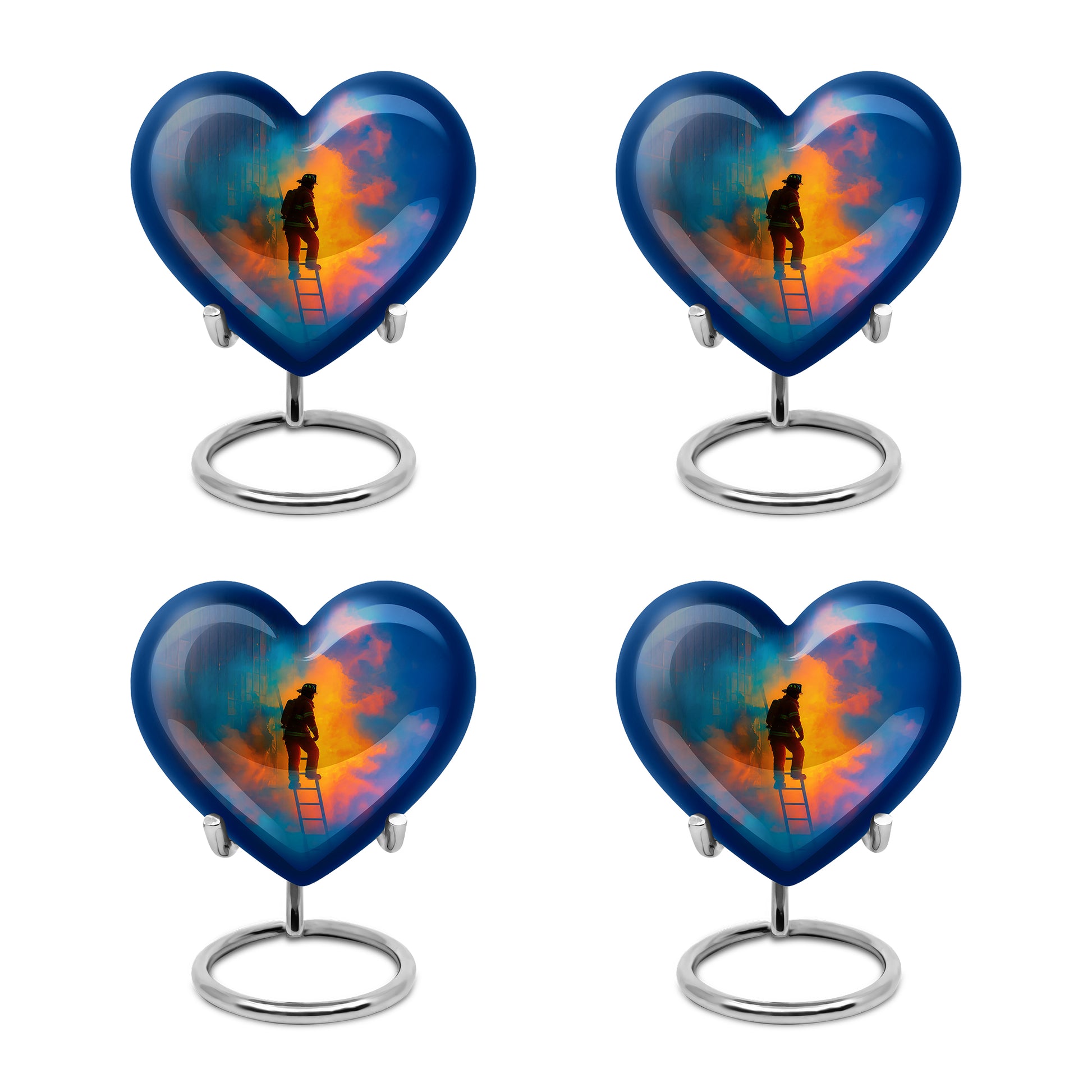 Royal Blue Firefighter Cremation Urn angled view of lid and engraved motif - romantic heart urn with firefighter motif on aluminum - 10 inch aluminum urn for cremated remains