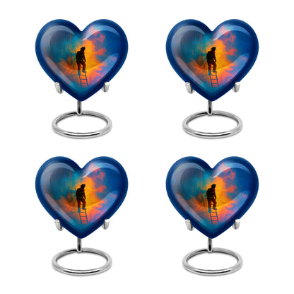Royal Blue Firefighter Cremation Urn angled view of lid and engraved motif - romantic heart urn with firefighter motif on aluminum - 10 inch aluminum urn for cremated remains