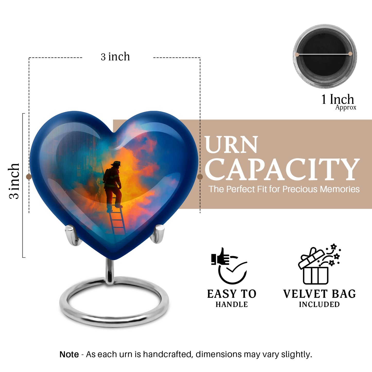 Pastel Blue Firefighter Cremation Urn front view showing detailed design - loving heart memorial featuring firefighter pattern - mini keepsake memorial for portion of cremation ashes