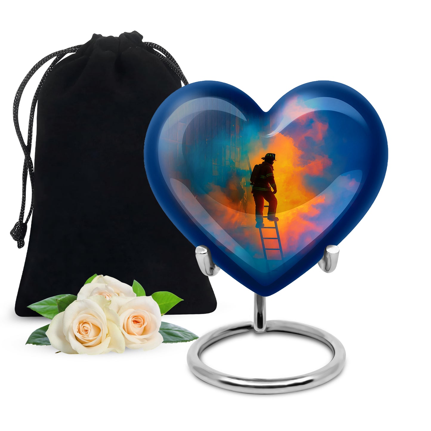 Cornflower Blue Firefighter Cremation Urn detail view - compassionate heart-firefighter combination with gentle curves - full-size 10 inch 200 cubic inch adult cremation urn