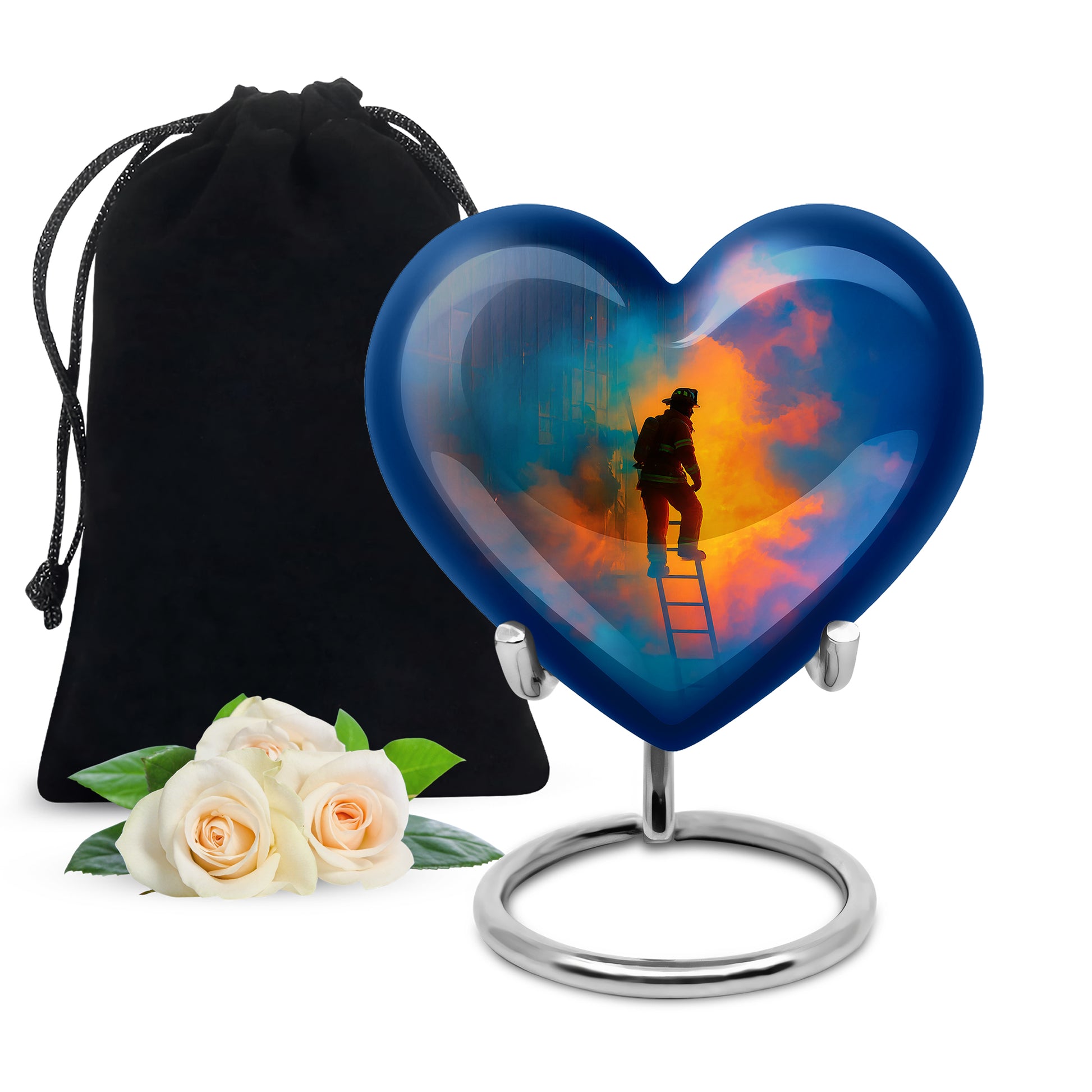 Cornflower Blue Firefighter Cremation Urn detail view - compassionate heart-firefighter combination with gentle curves - full-size 10 inch 200 cubic inch adult cremation urn