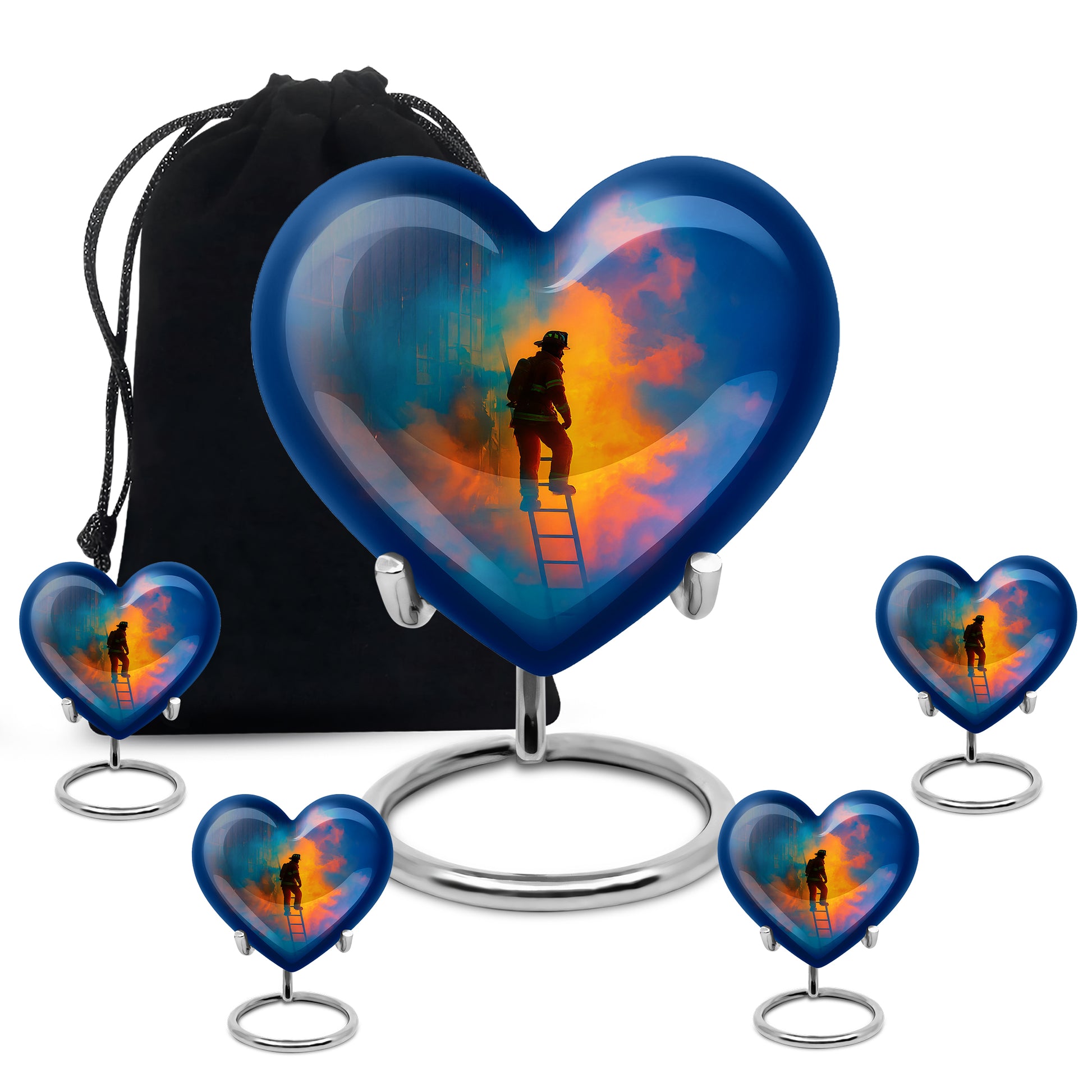 Slate Blue Firefighter Cremation Urn close-up of engraving and surface detail - loving heart memorial featuring firefighter pattern - memorial set with one large and four small urns