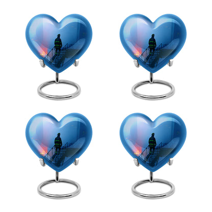 Navy Blue Firefighter Cremation Urn angled view of lid and engraved motif - heart-shaped firefighter design symbolizing eternal love - 10 inch aluminum urn for cremated remains
