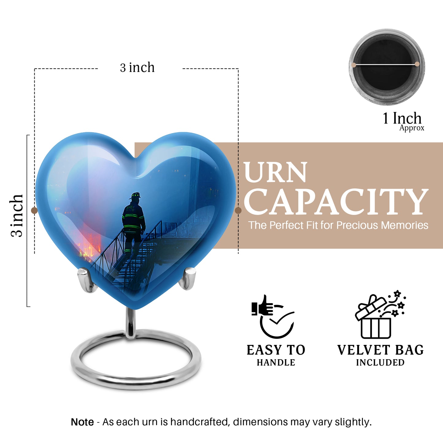 Vivid Blue Firefighter Cremation Urn front view showing detailed design - compassionate heart-firefighter combination with gentle curves - mini keepsake memorial for portion of cremation ashes