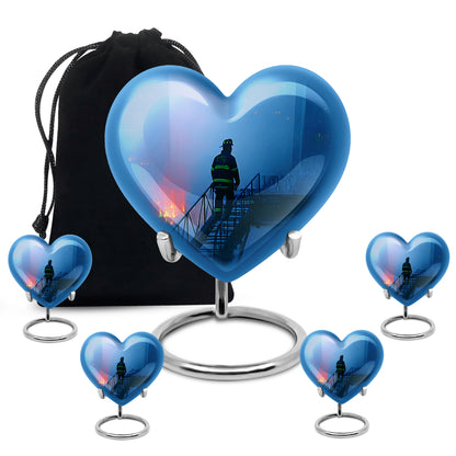 Dusty Blue Firefighter Cremation Urn close-up of engraving and surface detail - heart-shaped firefighter design symbolizing eternal love - memorial set with one large and four small urns