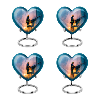 Cornflower Blue Firefighter Cremation Urn angled view of lid and engraved motif - romantic heart urn with firefighter motif on aluminum - 10 inch aluminum urn for cremated remains