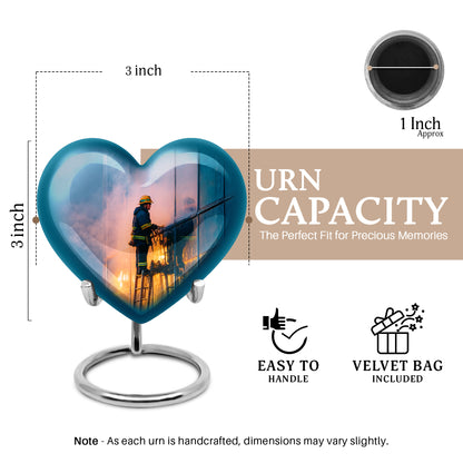 Sky Blue Firefighter Cremation Urn front view showing detailed design - heart-shaped firefighter design symbolizing eternal love - mini keepsake memorial for portion of cremation ashes