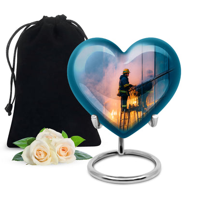 Icy Blue Firefighter Cremation Urn detail view - heart-shaped firefighter design symbolizing eternal love - full-size 10 inch 200 cubic inch adult cremation urn