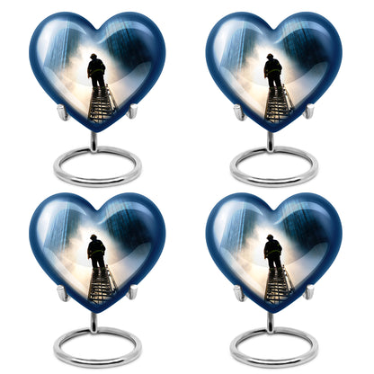 Celestial Blue Firefighter Cremation Urn angled view of lid and engraved motif - heart-shaped firefighter design symbolizing eternal love - 10 inch aluminum urn for cremated remains