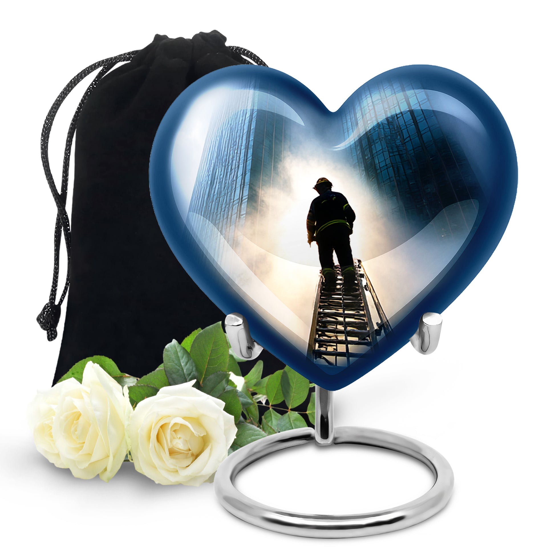 Azure Firefighter Cremation Urn detail view - loving heart memorial featuring firefighter pattern - full-size 10 inch 200 cubic inch adult cremation urn