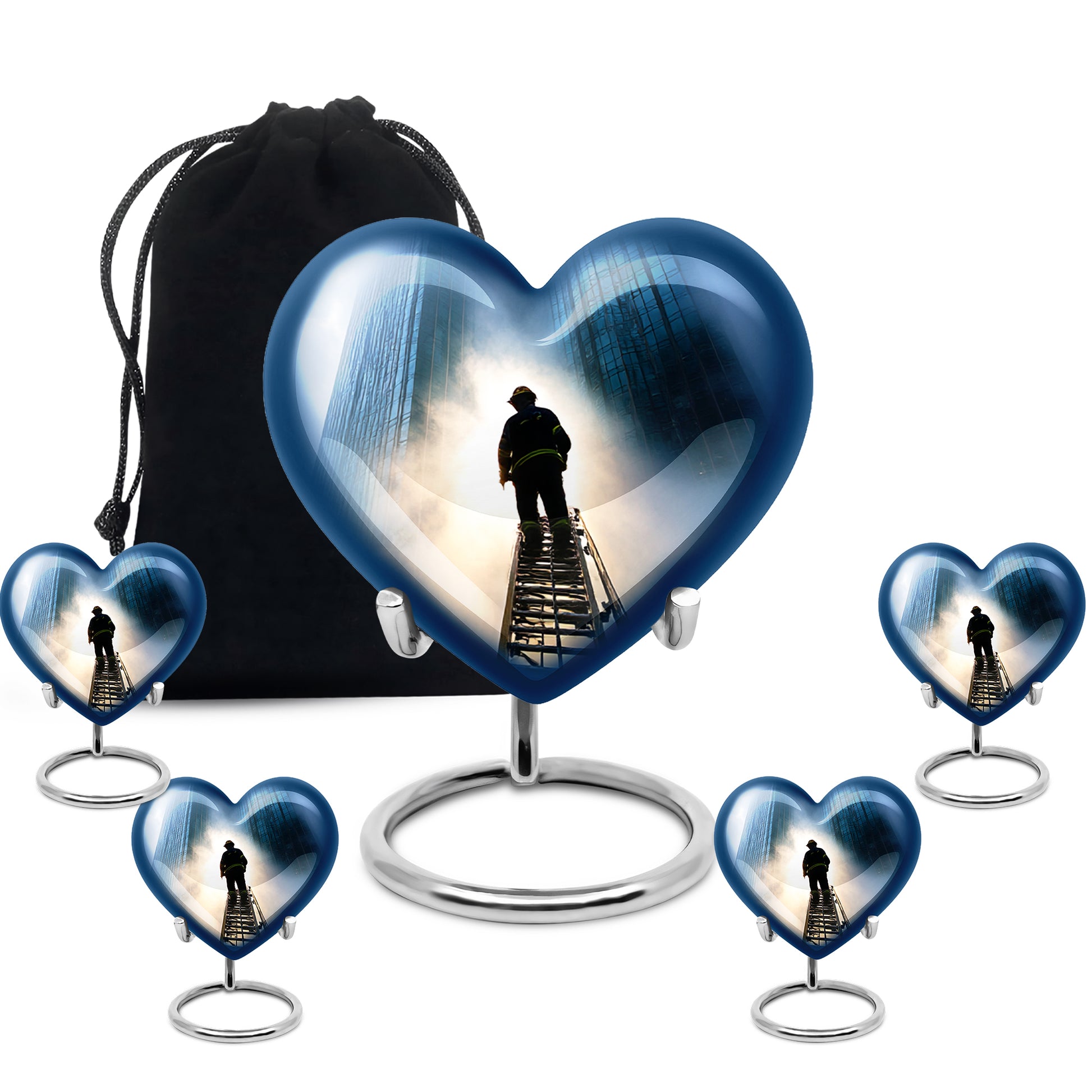 Royal Blue Firefighter Cremation Urn close-up of engraving and surface detail - romantic heart urn with firefighter motif on aluminum - memorial set with one large and four small urns