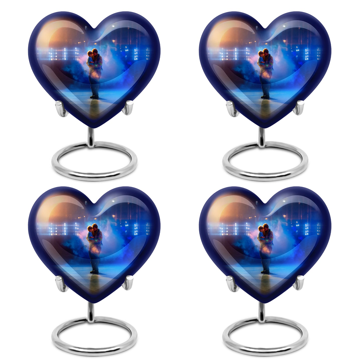 Royal Blue Firefighter Cremation Urn angled view of lid and engraved motif - compassionate heart-firefighter combination with gentle curves - 10 inch aluminum urn for cremated remains