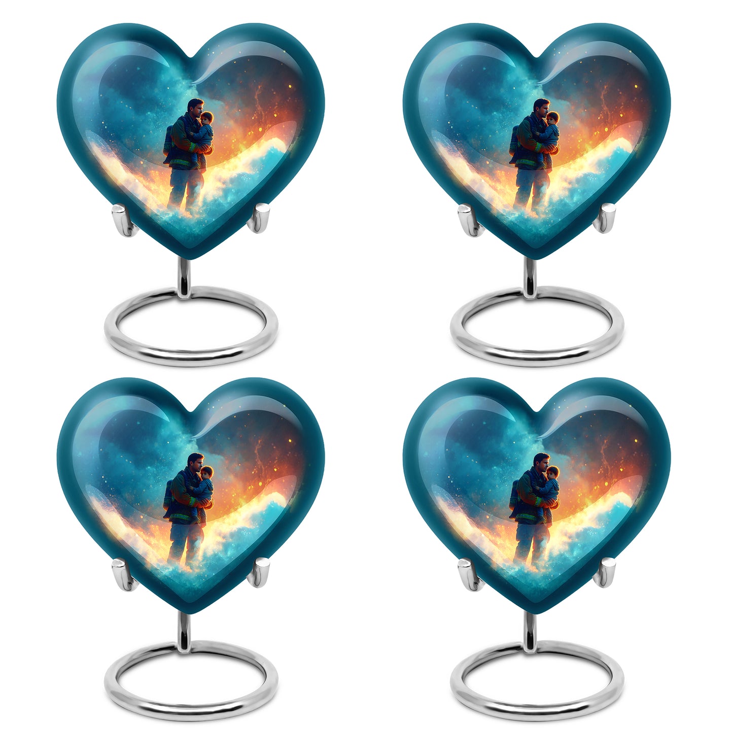 Vivid Blue Firefighter Cremation Urn angled view of lid and engraved motif - compassionate heart-firefighter combination with gentle curves - 10 inch aluminum urn for cremated remains