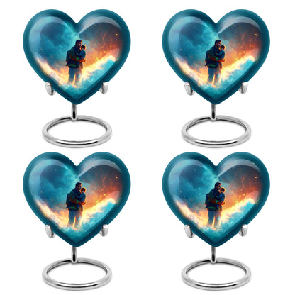 Vivid Blue Firefighter Cremation Urn angled view of lid and engraved motif - compassionate heart-firefighter combination with gentle curves - 10 inch aluminum urn for cremated remains