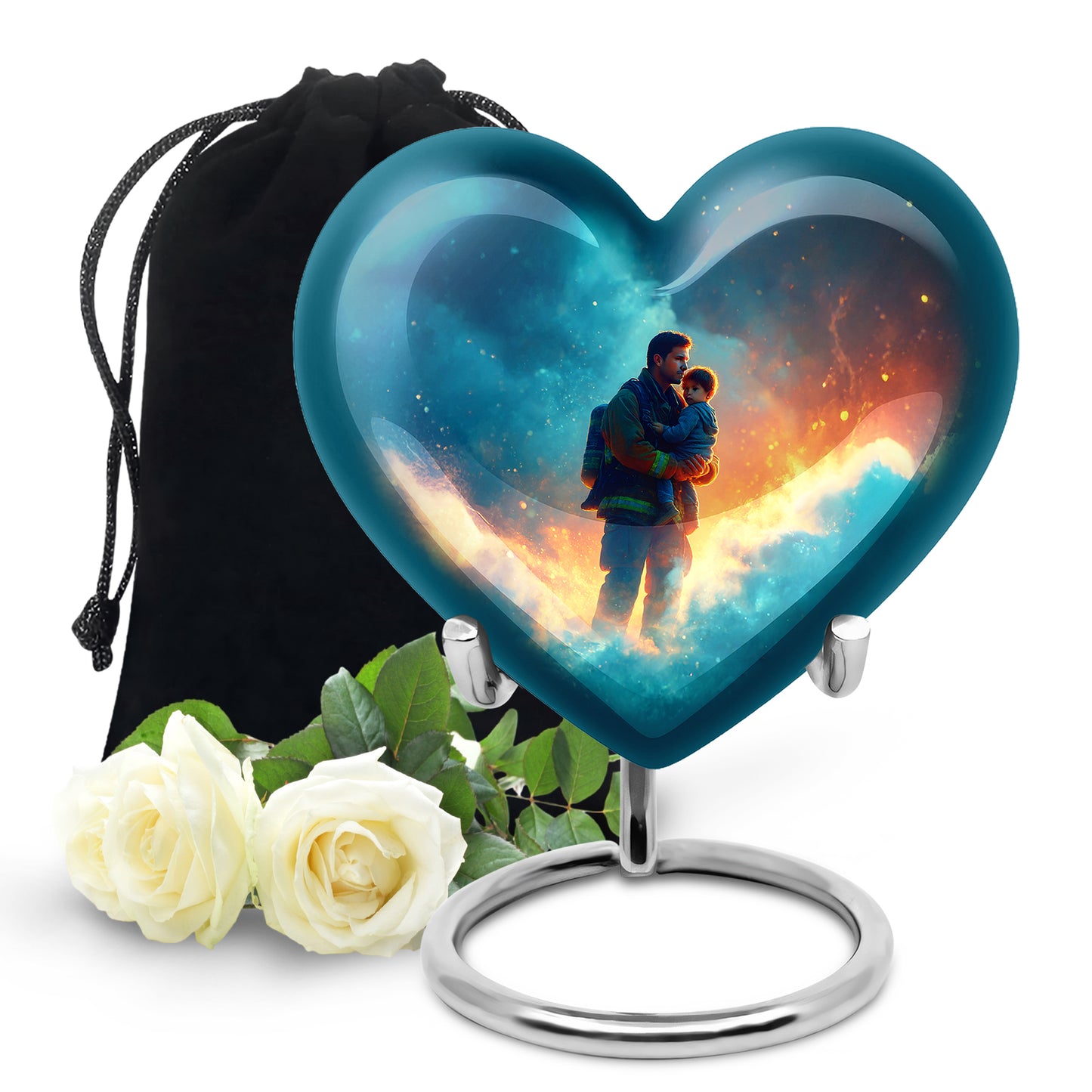 Indigo Firefighter Cremation Urn detail view - heart-shaped firefighter design symbolizing eternal love - full-size 10 inch 200 cubic inch adult cremation urn