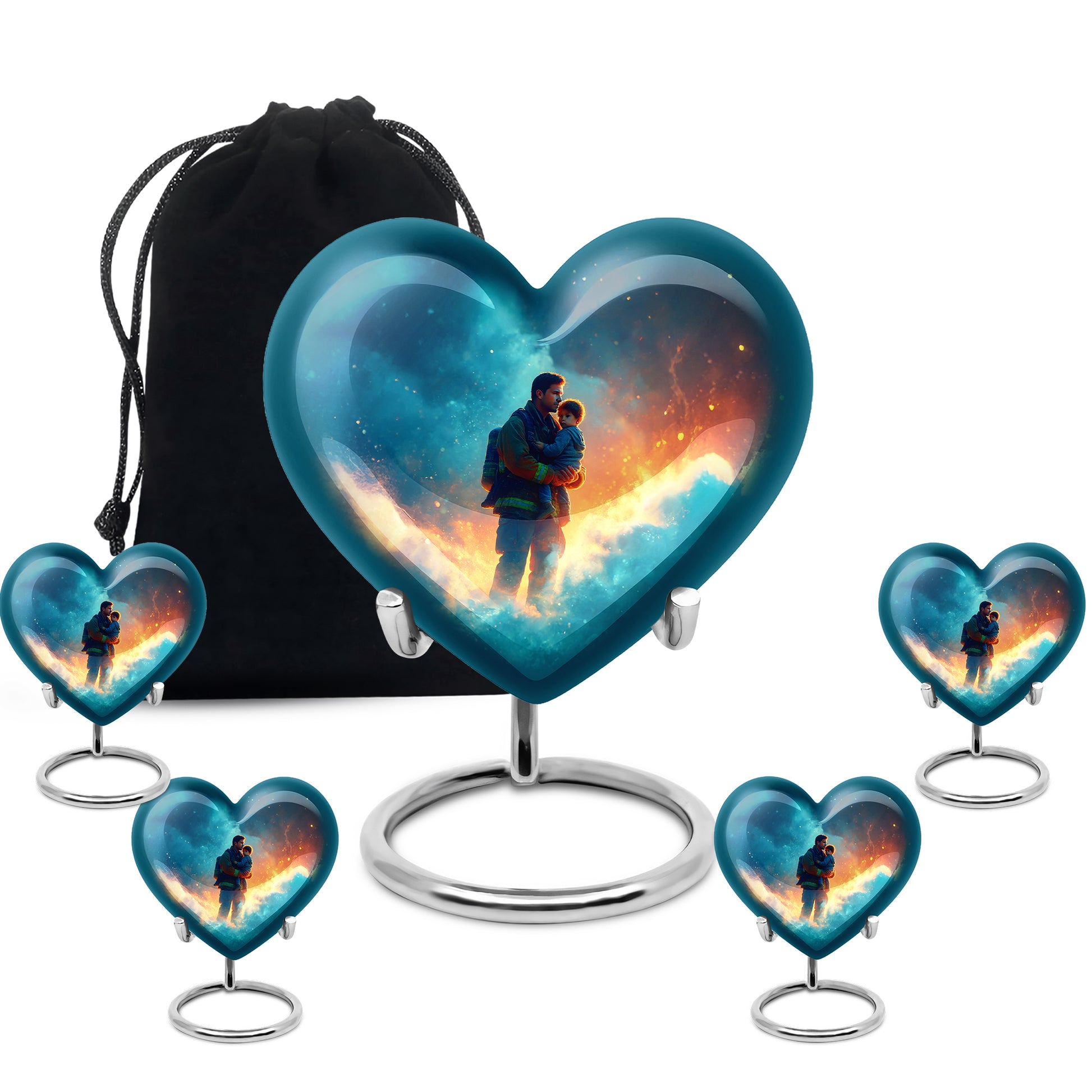 Celestial Blue Firefighter Cremation Urn close-up of engraving and surface detail - heart-shaped firefighter design symbolizing eternal love - memorial set with one large and four small urns