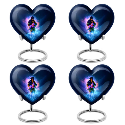 Azure Firefighter Cremation Urn angled view of lid and engraved motif - loving heart memorial featuring firefighter pattern - 10 inch aluminum urn for cremated remains