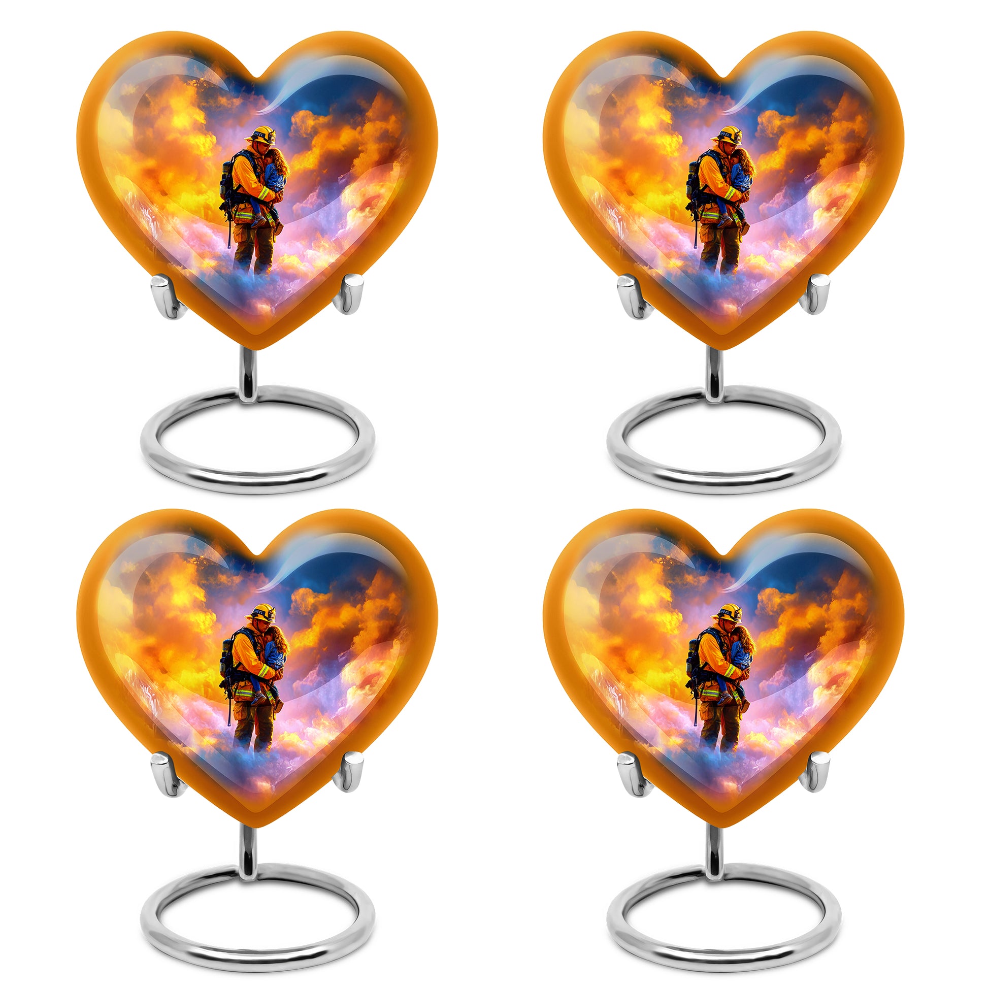 Indigo Firefighter Cremation Urn angled view of lid and engraved motif - loving heart memorial featuring firefighter pattern - 10 inch aluminum urn for cremated remains