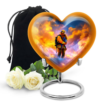 Sapphire Blue Firefighter Cremation Urn detail view - romantic heart urn with firefighter motif on aluminum - full-size 10 inch 200 cubic inch adult cremation urn