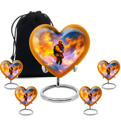 Misty Blue Firefighter Cremation Urn close-up of engraving and surface detail - heart-shaped firefighter design symbolizing eternal love - memorial set with one large and four small urns