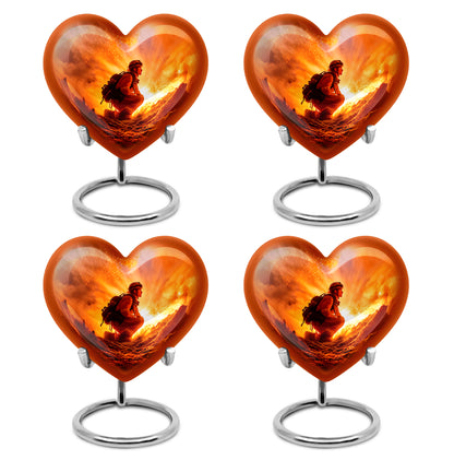 Deep Red Firefighter Cremation Urn angled view of lid and engraved motif - heart-shaped firefighter design symbolizing eternal love - 10 inch aluminum urn for cremated remains