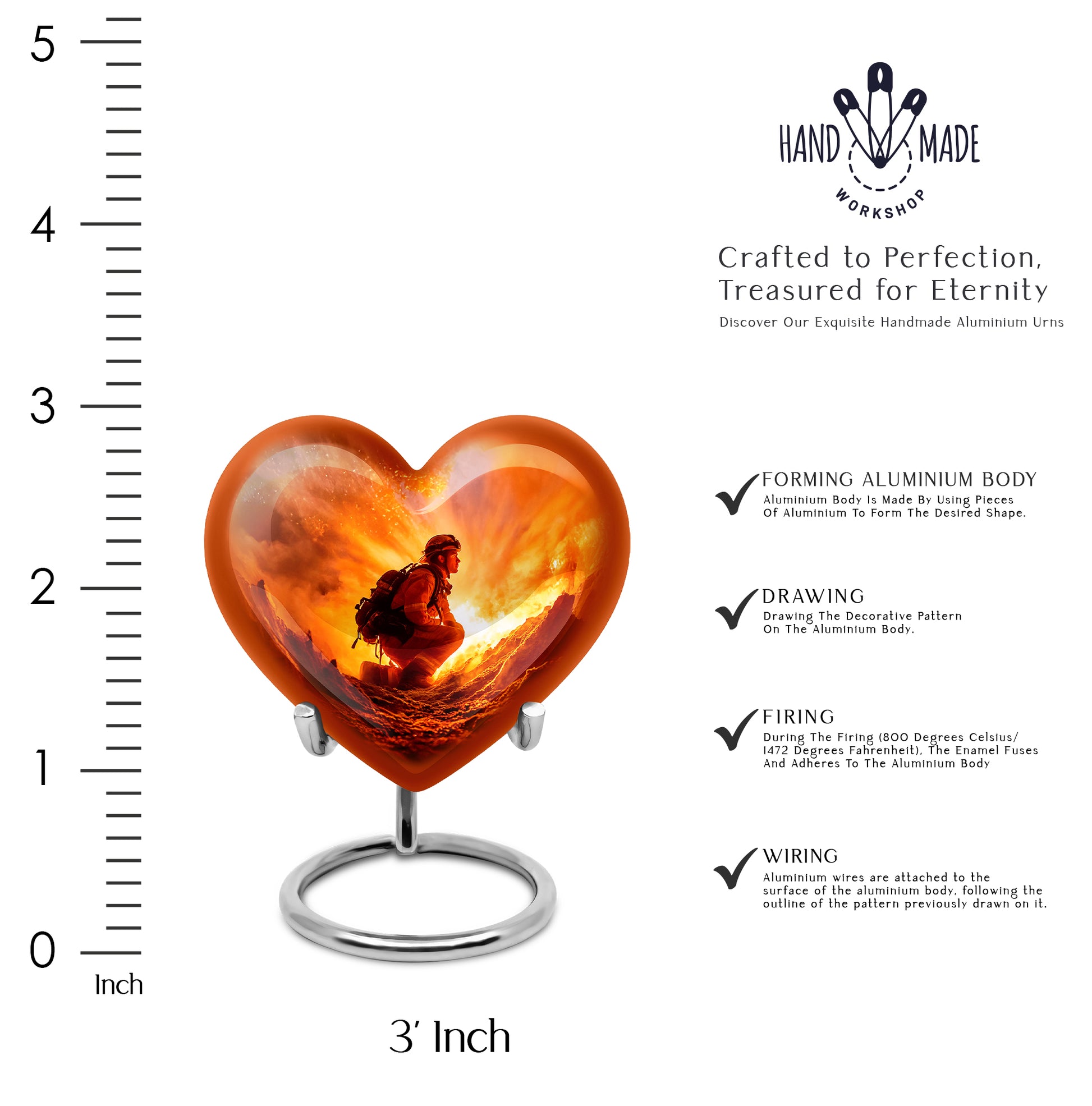 Scarlet Red Firefighter Cremation Urn front view showing detailed design - romantic heart urn with firefighter motif on aluminum - mini keepsake memorial for portion of cremation ashes