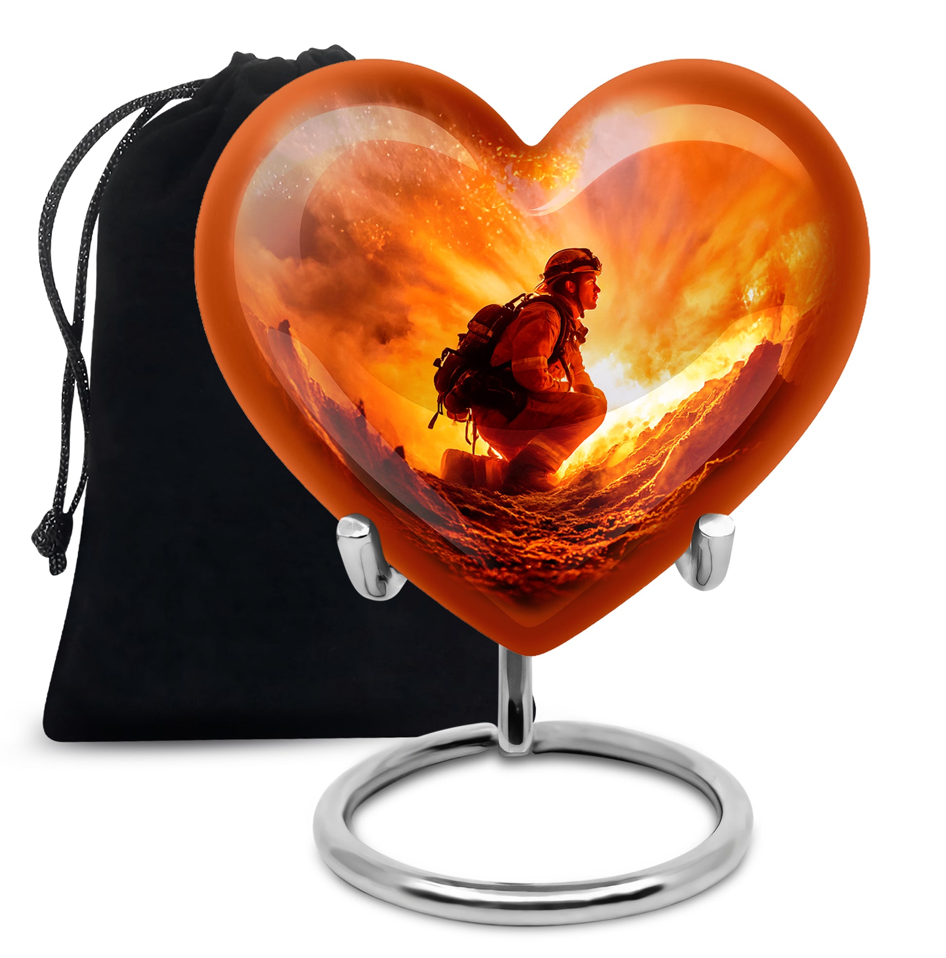 Garnet Red Firefighter Cremation Urn detail view - heart-shaped firefighter design symbolizing eternal love - full-size 10 inch 200 cubic inch adult cremation urn