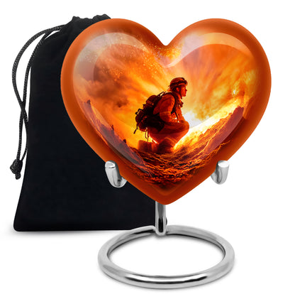 Garnet Red Firefighter Cremation Urn detail view - heart-shaped firefighter design symbolizing eternal love - full-size 10 inch 200 cubic inch adult cremation urn