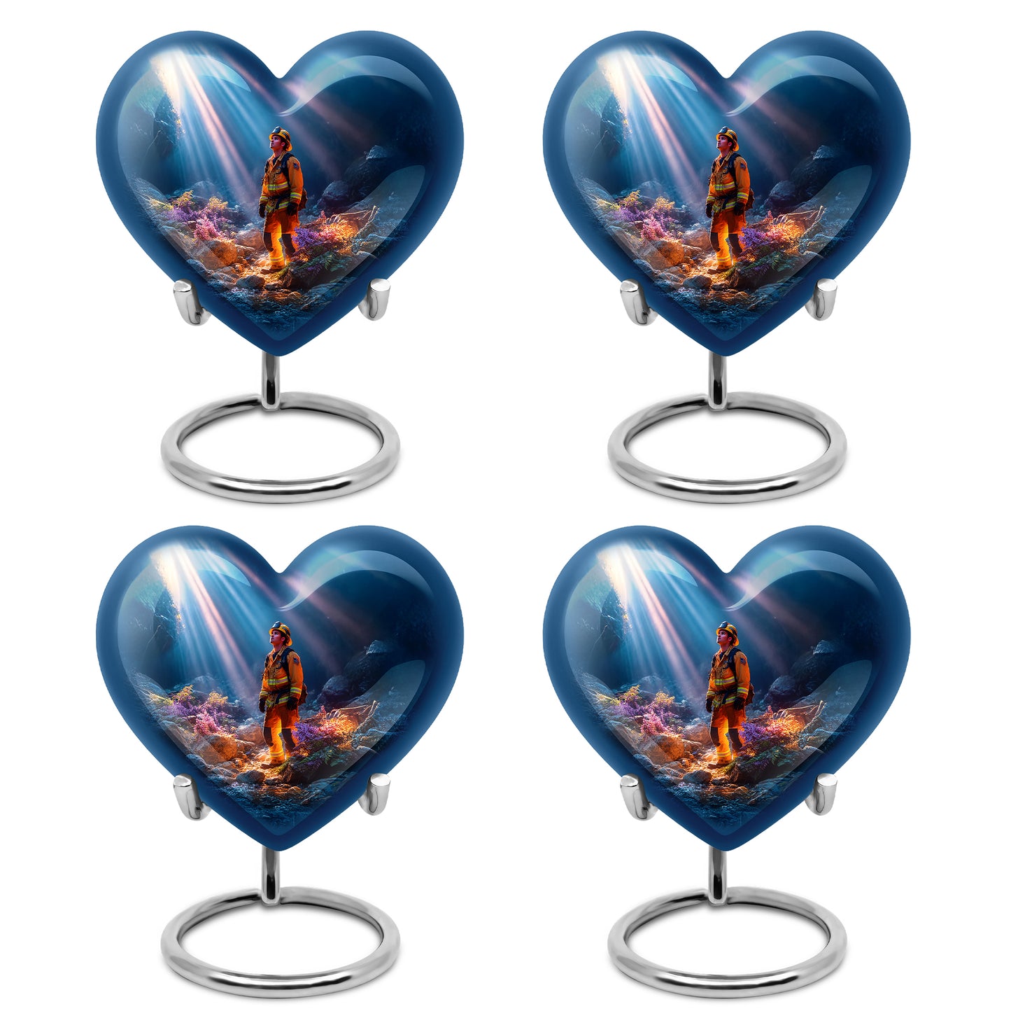 Calming Blue Firefighter Cremation Urn angled view of lid and engraved motif - romantic heart urn with firefighter motif on aluminum - 10 inch aluminum urn for cremated remains