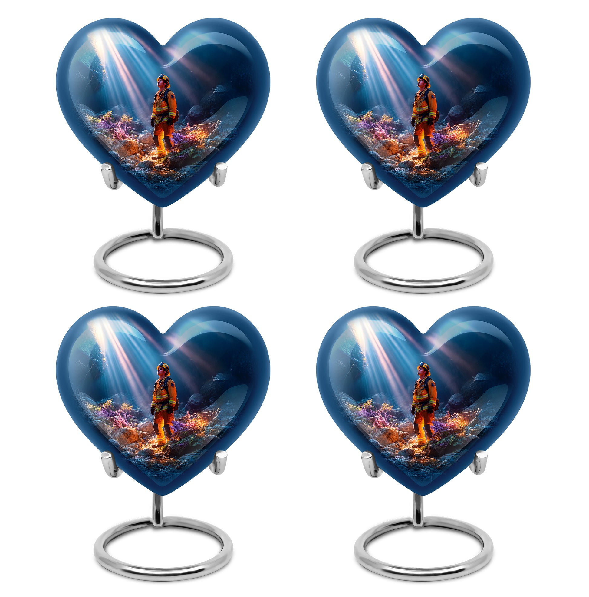Calming Blue Firefighter Cremation Urn angled view of lid and engraved motif - romantic heart urn with firefighter motif on aluminum - 10 inch aluminum urn for cremated remains
