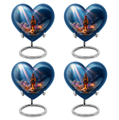 Calming Blue Firefighter Cremation Urn angled view of lid and engraved motif - romantic heart urn with firefighter motif on aluminum - 10 inch aluminum urn for cremated remains