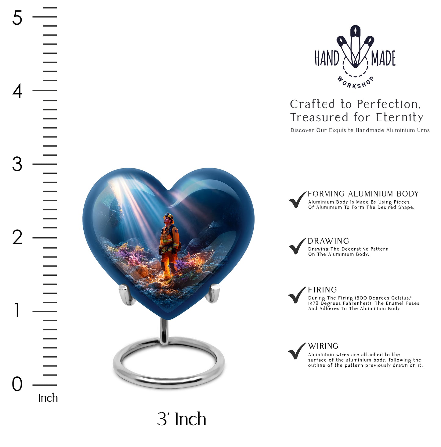 Dusty Blue Firefighter Cremation Urn front view showing detailed design - loving heart memorial featuring firefighter pattern - mini keepsake memorial for portion of cremation ashes
