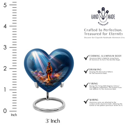 Dusty Blue Firefighter Cremation Urn front view showing detailed design - loving heart memorial featuring firefighter pattern - mini keepsake memorial for portion of cremation ashes