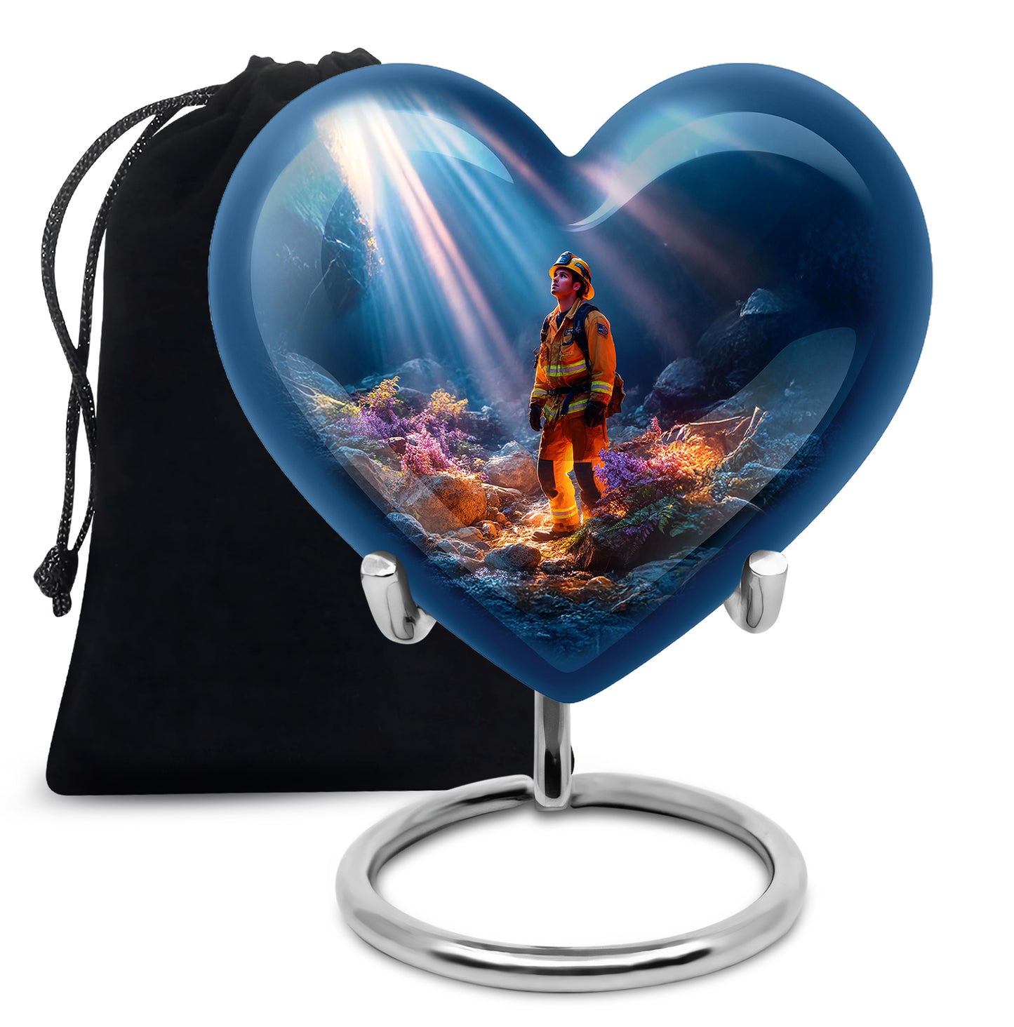 Icy Blue Firefighter Cremation Urn detail view - heart-shaped firefighter design symbolizing eternal love - full-size 10 inch 200 cubic inch adult cremation urn