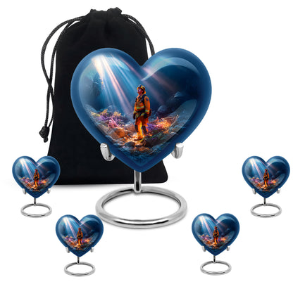 Powder Blue Firefighter Cremation Urn close-up of engraving and surface detail - heart-shaped firefighter design symbolizing eternal love - memorial set with one large and four small urns