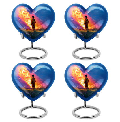 Indigo Firefighter Cremation Urn angled view of lid and engraved motif - heart-shaped firefighter design symbolizing eternal love - 10 inch aluminum urn for cremated remains