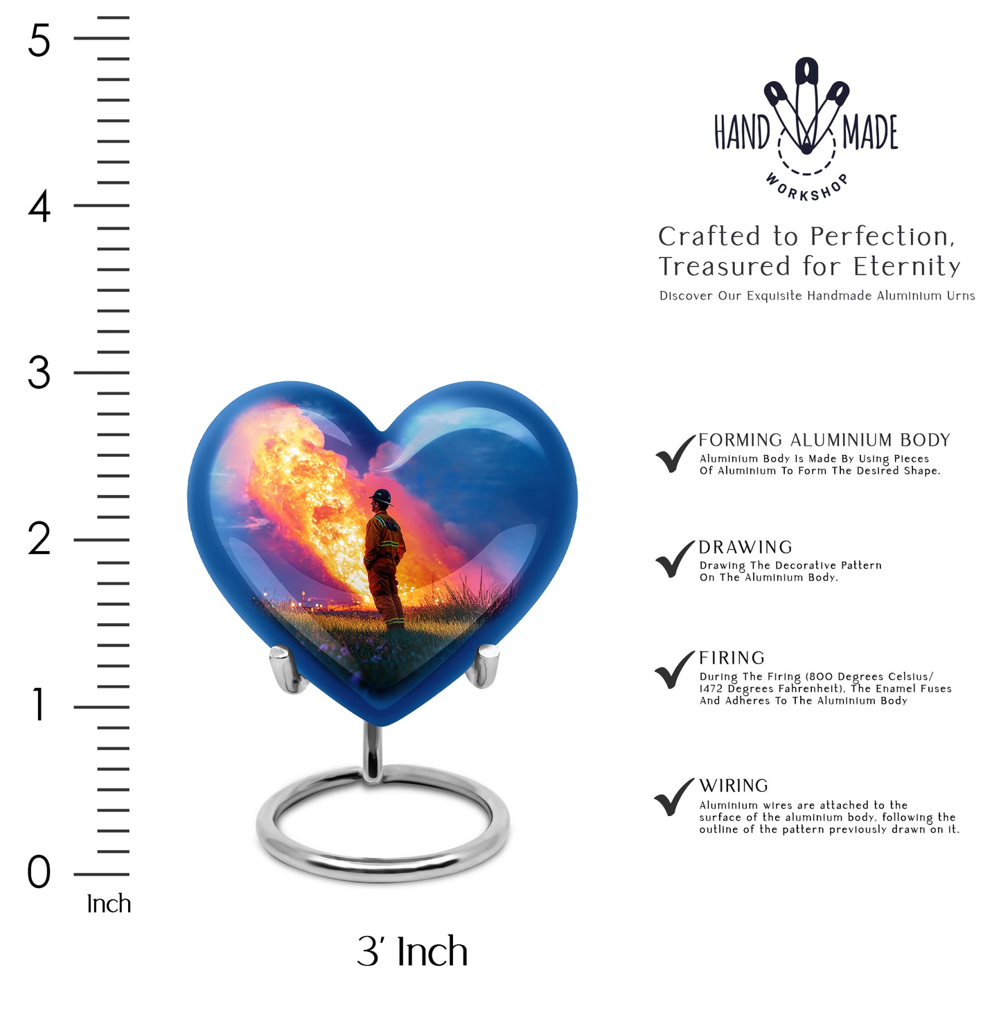 Dusty Blue Firefighter Cremation Urn front view showing detailed design - heart-shaped firefighter design symbolizing eternal love - mini keepsake memorial for portion of cremation ashes