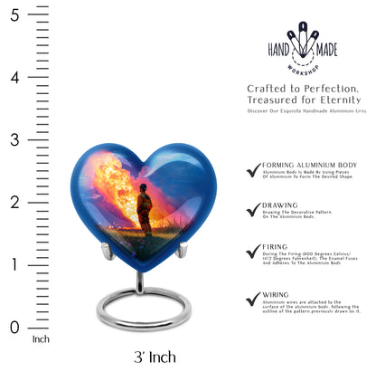 Dusty Blue Firefighter Cremation Urn front view showing detailed design - heart-shaped firefighter design symbolizing eternal love - mini keepsake memorial for portion of cremation ashes