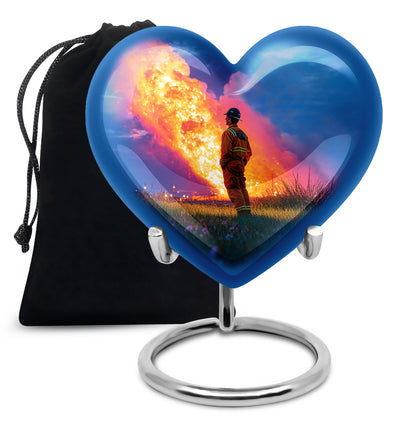Soft Blue Firefighter Cremation Urn detail view - romantic heart urn with firefighter motif on aluminum - full-size 10 inch 200 cubic inch adult cremation urn