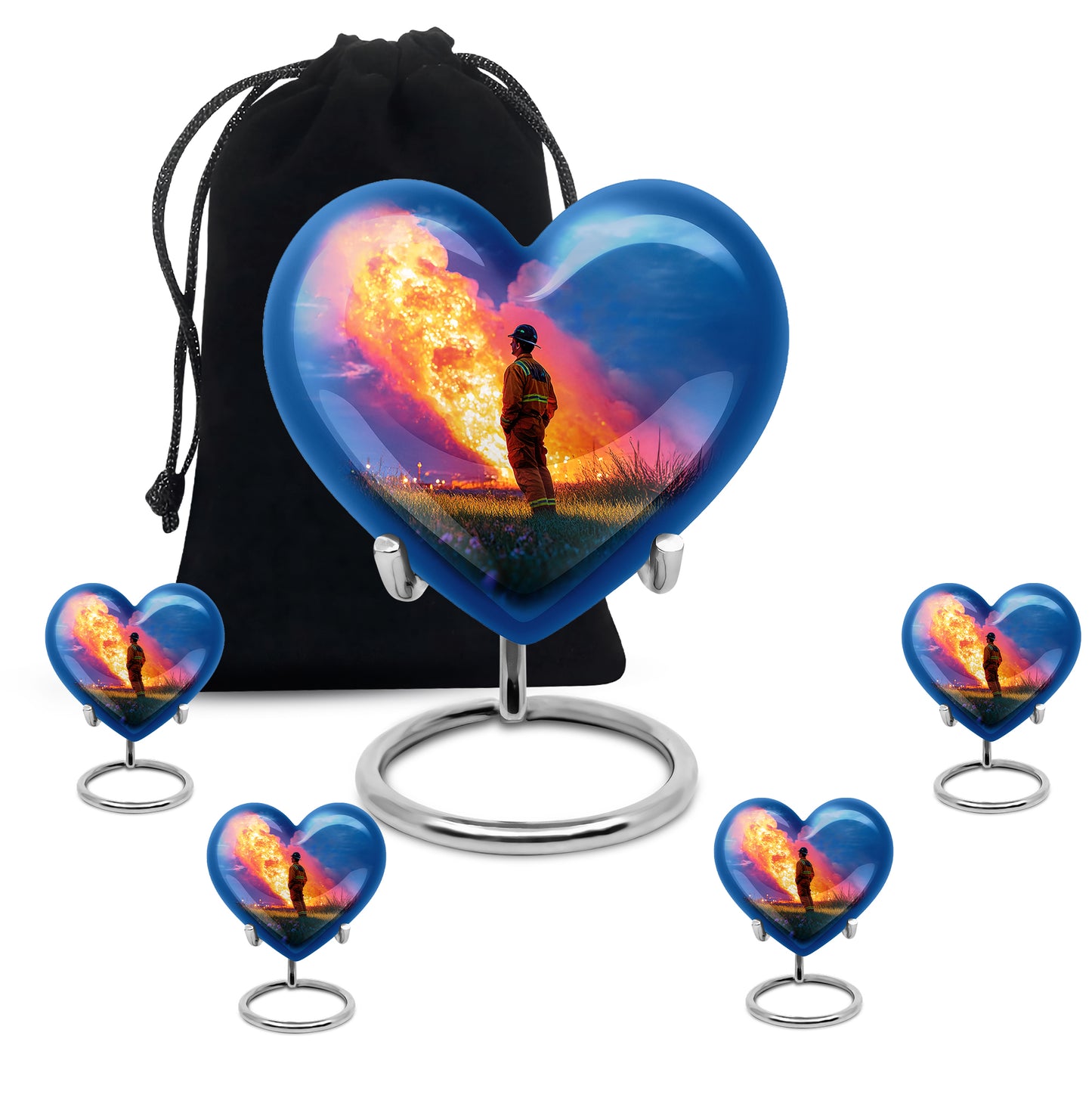 Azure Firefighter Cremation Urn close-up of engraving and surface detail - heart-shaped firefighter design symbolizing eternal love - memorial set with one large and four small urns