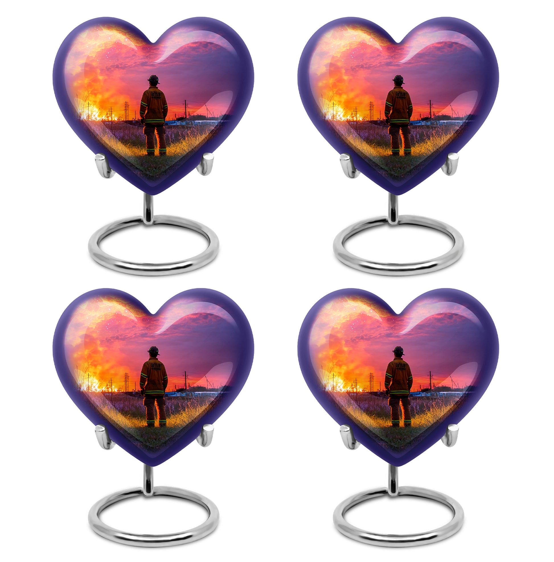 Violet Purple Firefighter Cremation Urn angled view of lid and engraved motif - compassionate heart-firefighter combination with gentle curves - 10 inch aluminum urn for cremated remains