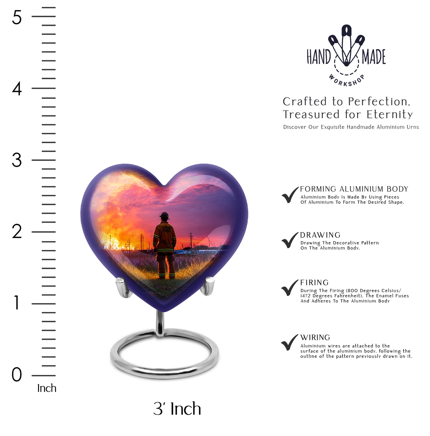 Majestic Purple Firefighter Cremation Urn front view showing detailed design - heart-shaped firefighter design symbolizing eternal love - mini keepsake memorial for portion of cremation ashes