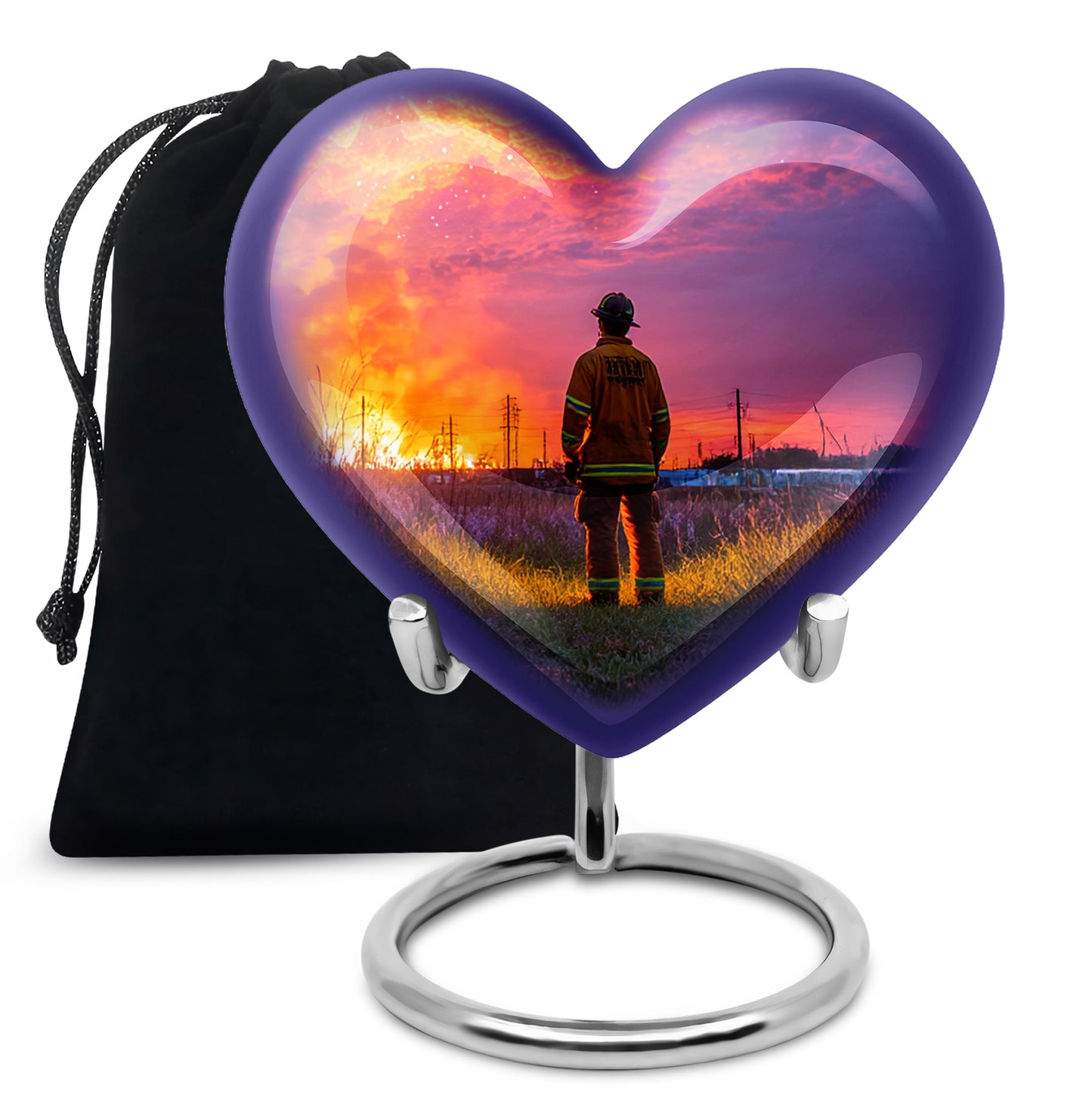 Deep Purple Firefighter Cremation Urn detail view - heart-shaped firefighter design symbolizing eternal love - full-size 10 inch 200 cubic inch adult cremation urn