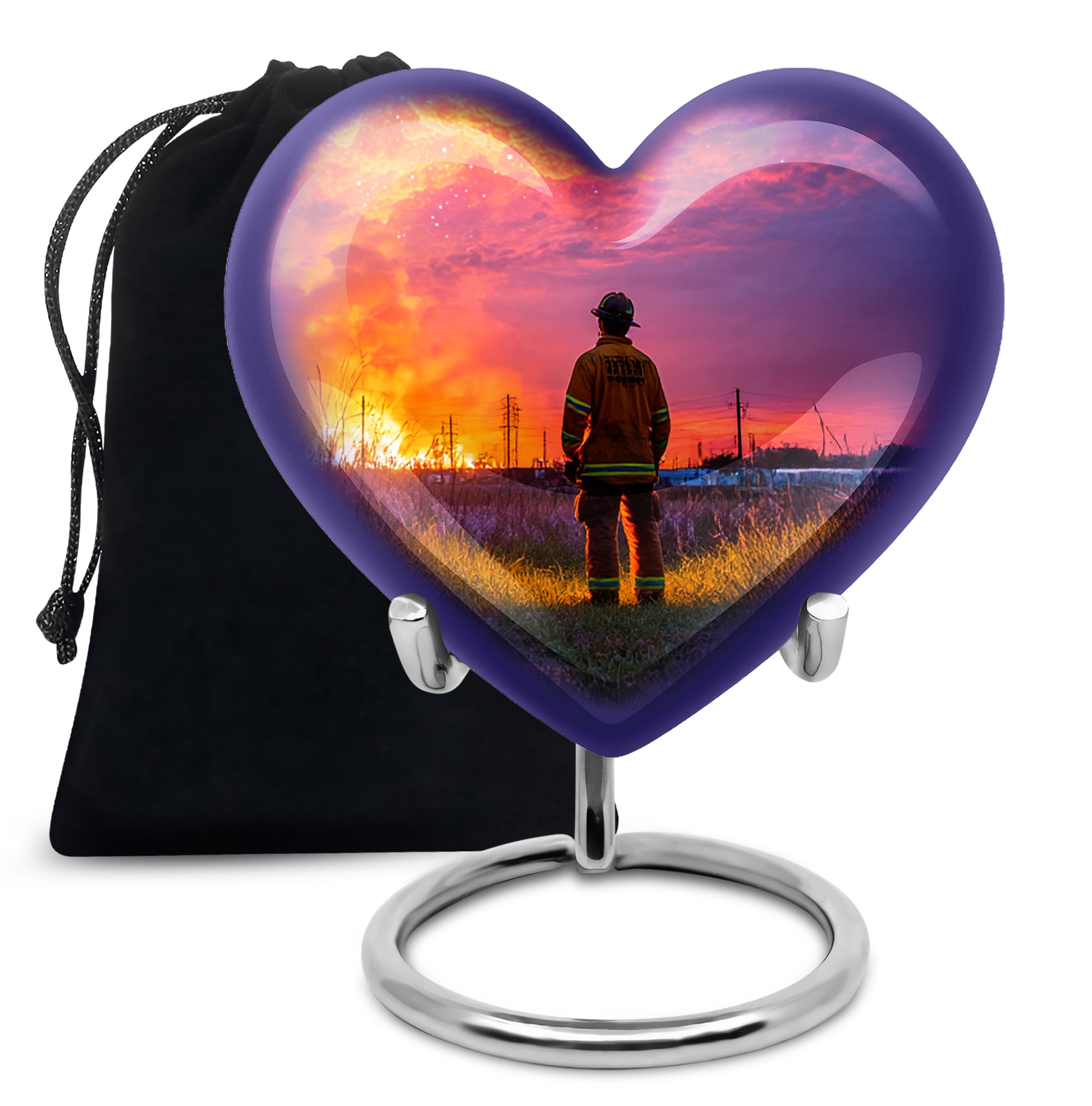 Deep Purple Firefighter Cremation Urn detail view - heart-shaped firefighter design symbolizing eternal love - full-size 10 inch 200 cubic inch adult cremation urn