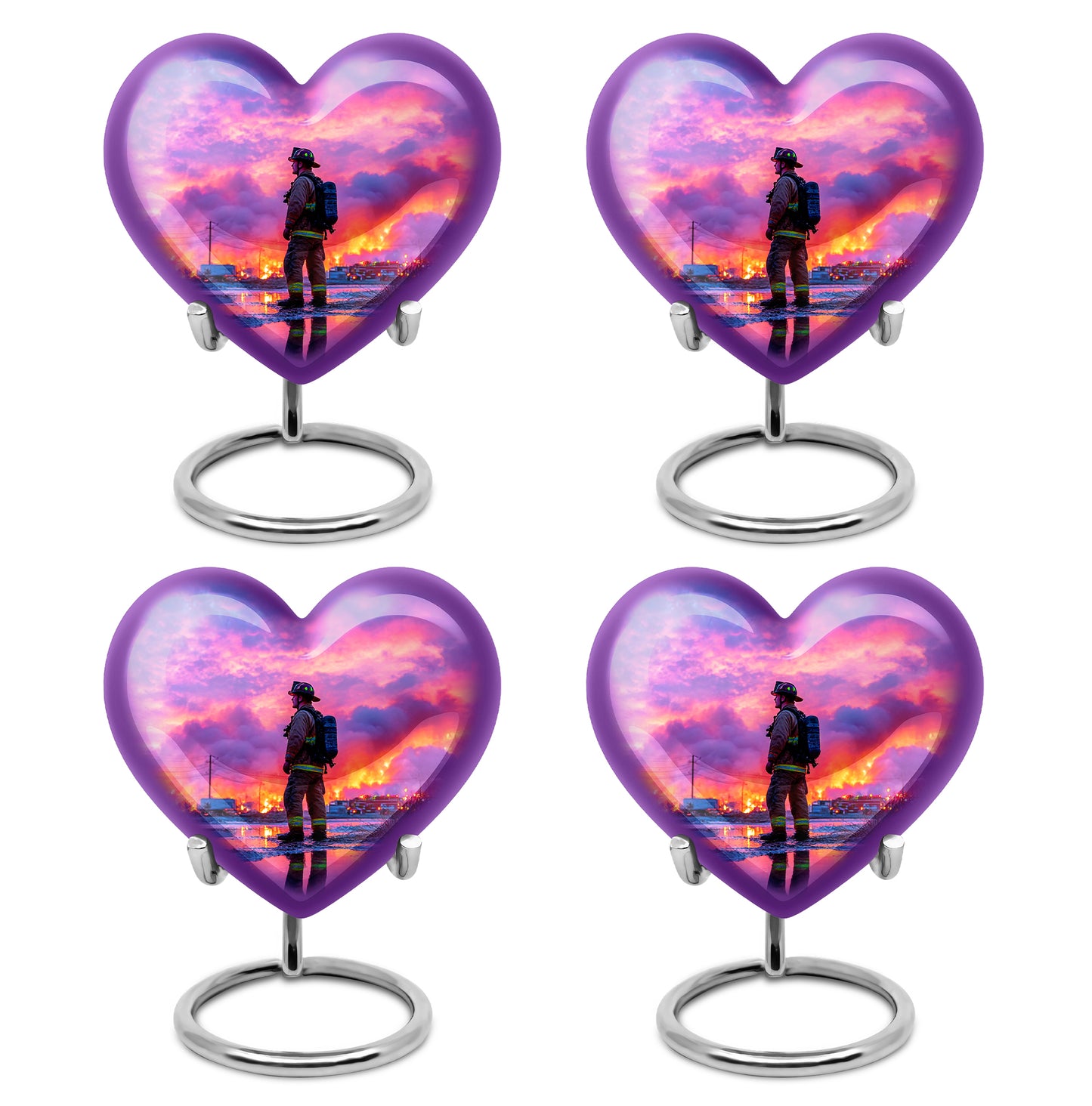 Azure Firefighter Cremation Urn angled view of lid and engraved motif - heart-shaped firefighter design symbolizing eternal love - 10 inch aluminum urn for cremated remains