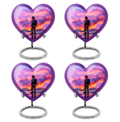 Azure Firefighter Cremation Urn angled view of lid and engraved motif - heart-shaped firefighter design symbolizing eternal love - 10 inch aluminum urn for cremated remains